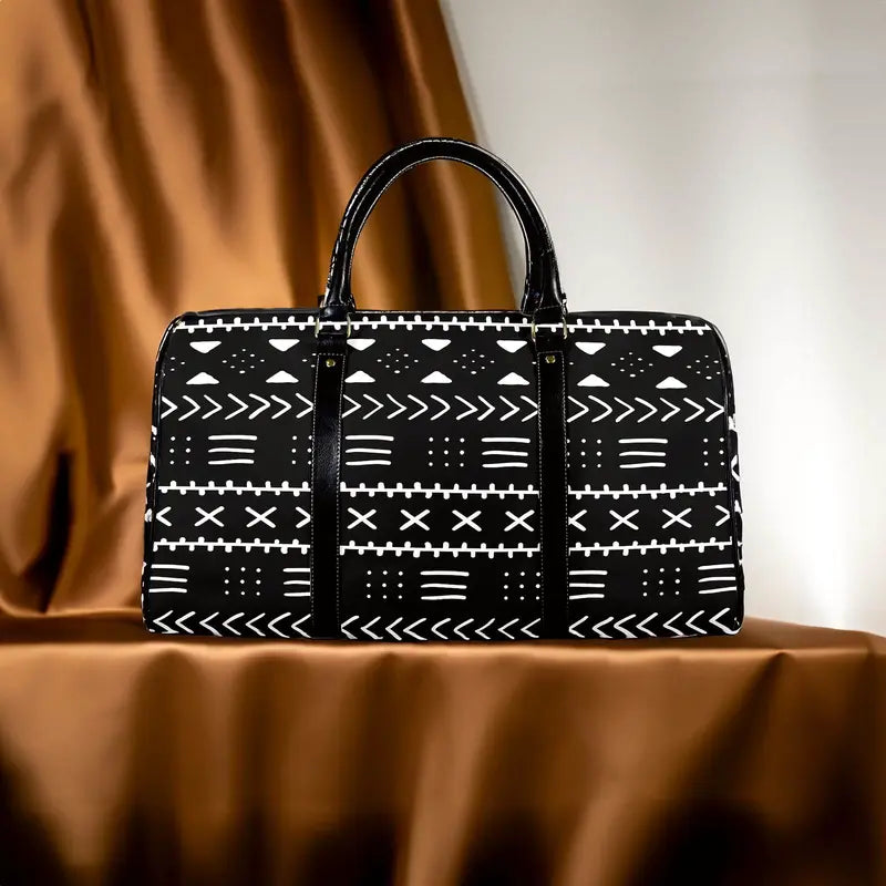 African Leather Bag for Travel Traditional Mali Print