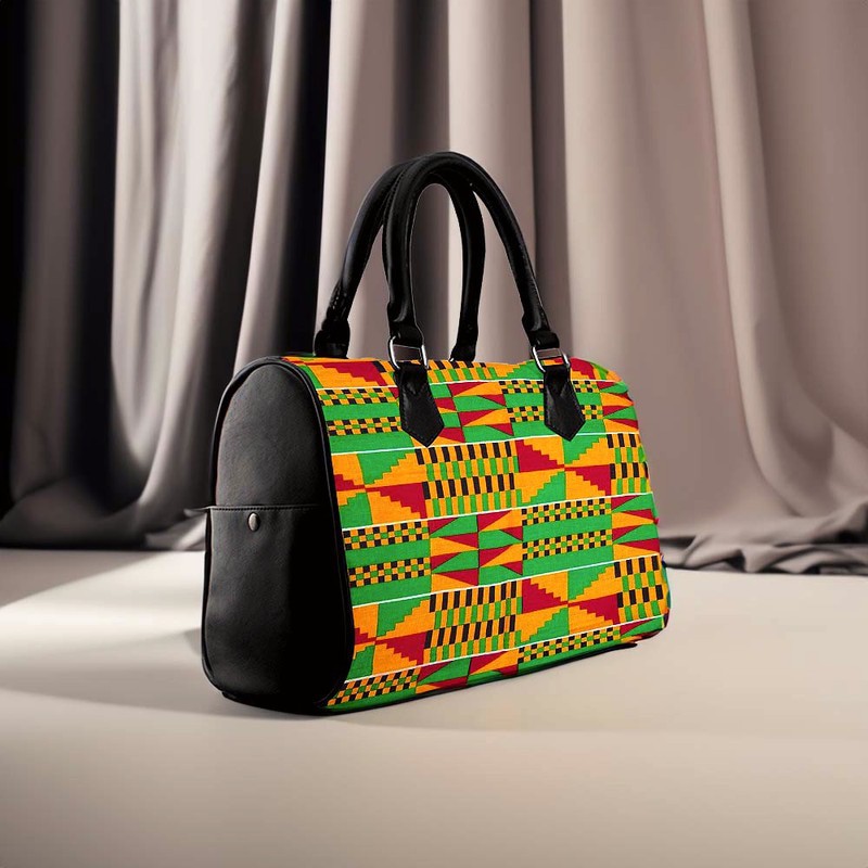 African Leather Handbag Boston Style – Colorful Kente Print