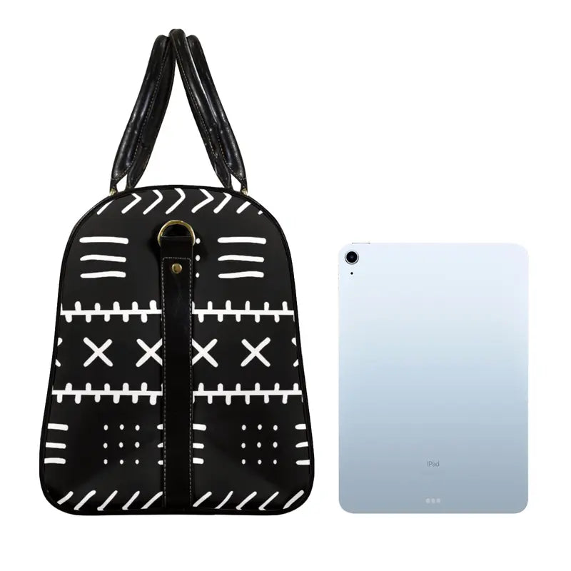 African Black & White Mud Cloth Travel Bag | Premium Leather