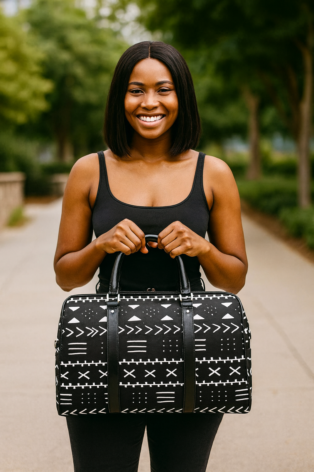 African Leather Bag for Travel Mud Cloth Black & White