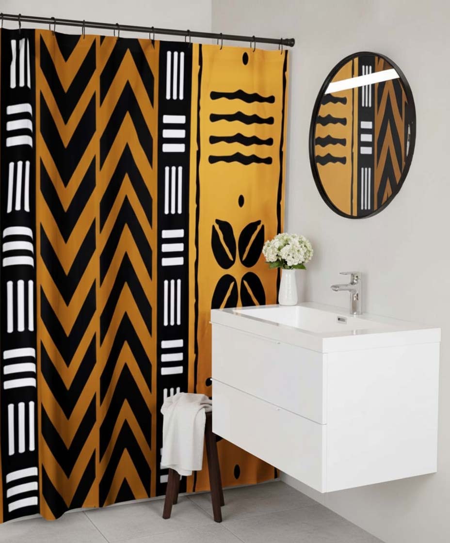 African Shower Curtain Tribal Bathroom Decor Orange, image size:928x1120