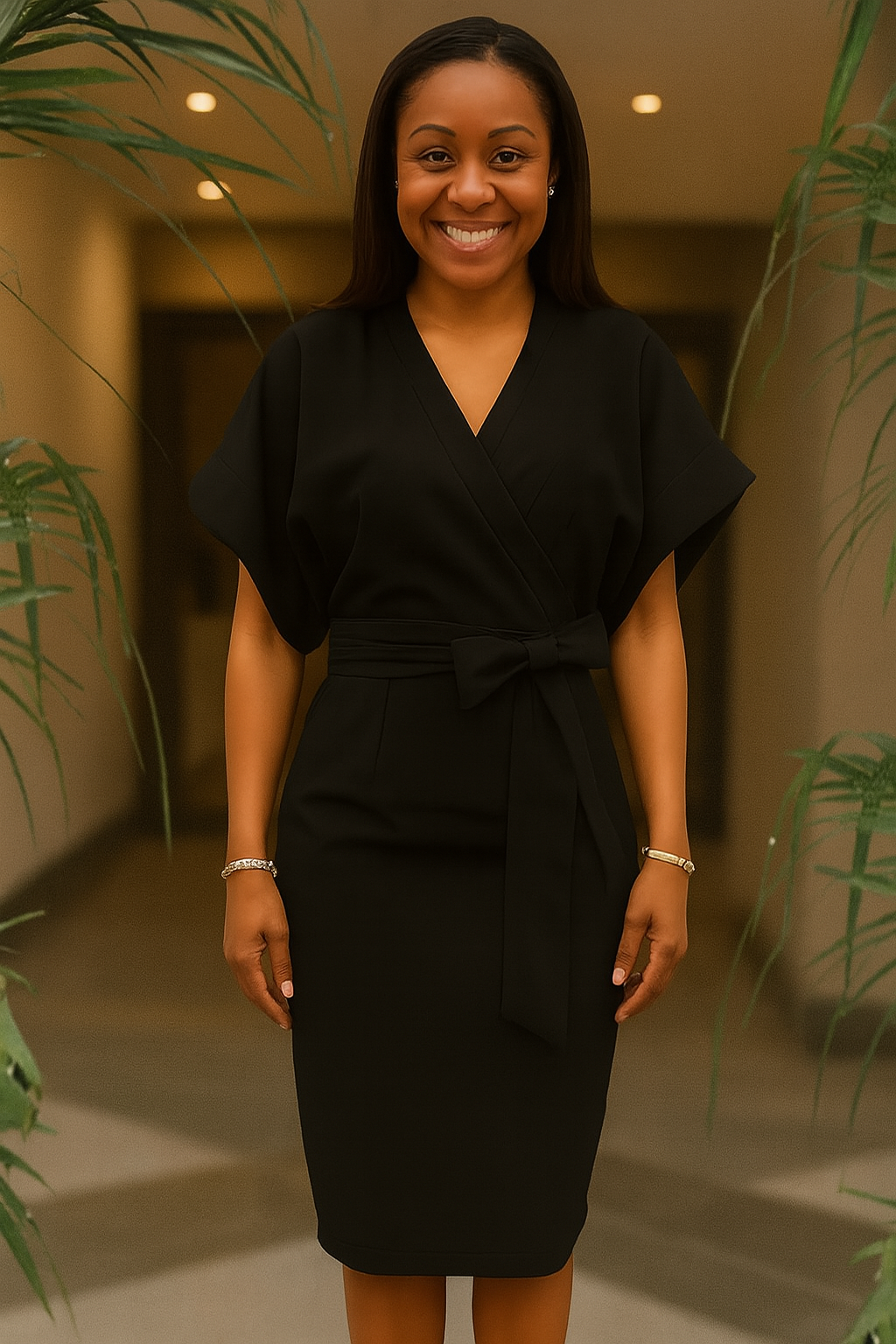 Faux Kimono Style Wrap Dress Classic Black with Waist Belt Faux Kimono Style Wrap Dress Classic Black with Waist Belt