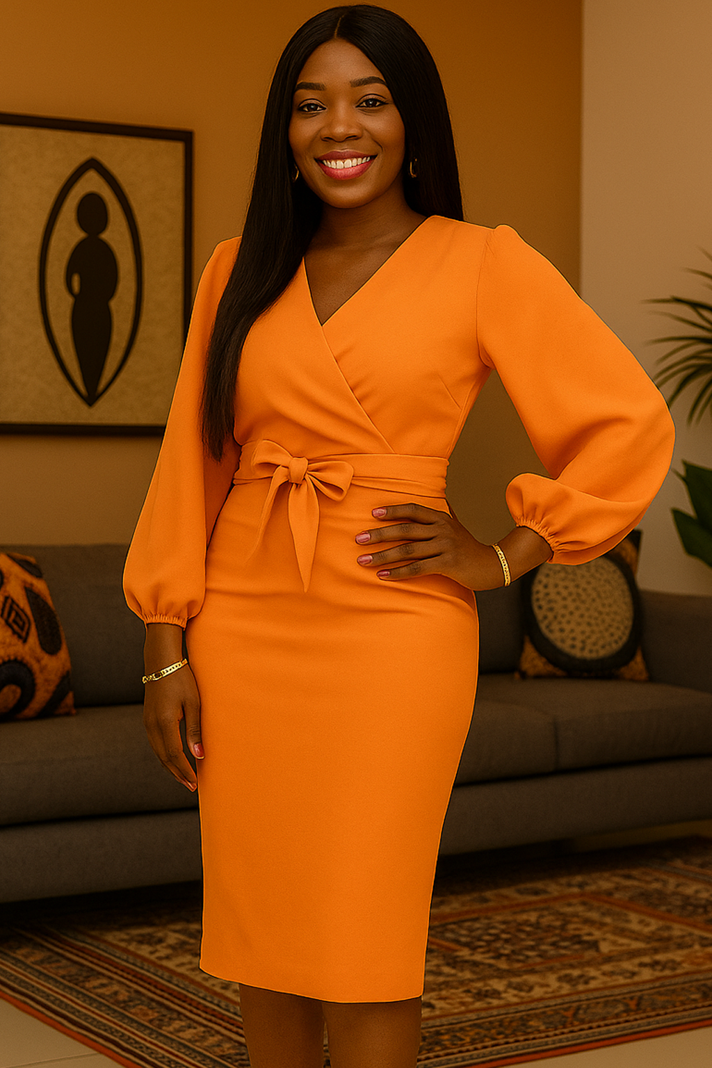 Faux Wrap Orange Pencil Dress Midi Bold Bishop Sleeve