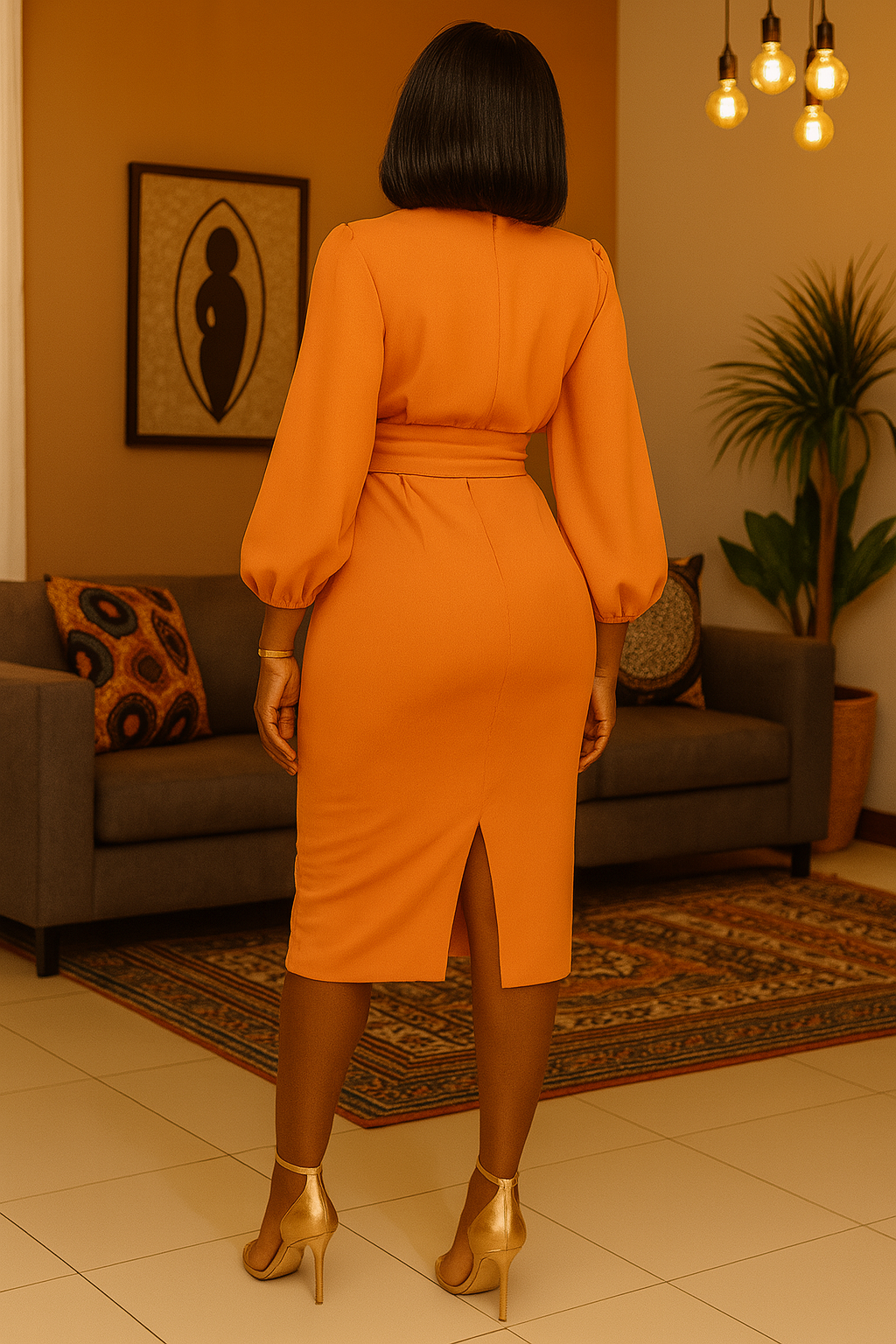 Faux Wrap Orange Pencil Dress Midi Bold Bishop Sleeve