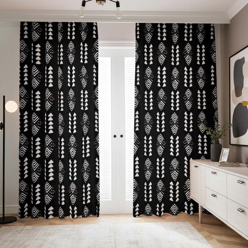 Geometric Afro Black and White Blackout Curtains (Two-Piece)