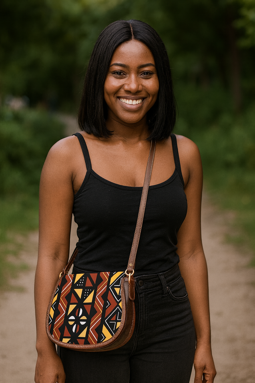 Mudcloth African Leather Bag Brown | Traditional Sadle Style