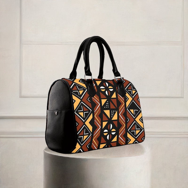 African Leather Handbag Boston Bogolan Ancestral Print