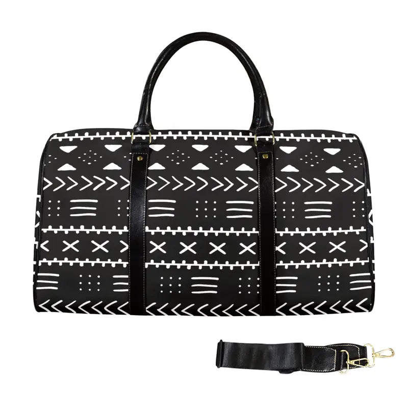 African Black & White Mud Cloth Travel Bag | Premium Leather