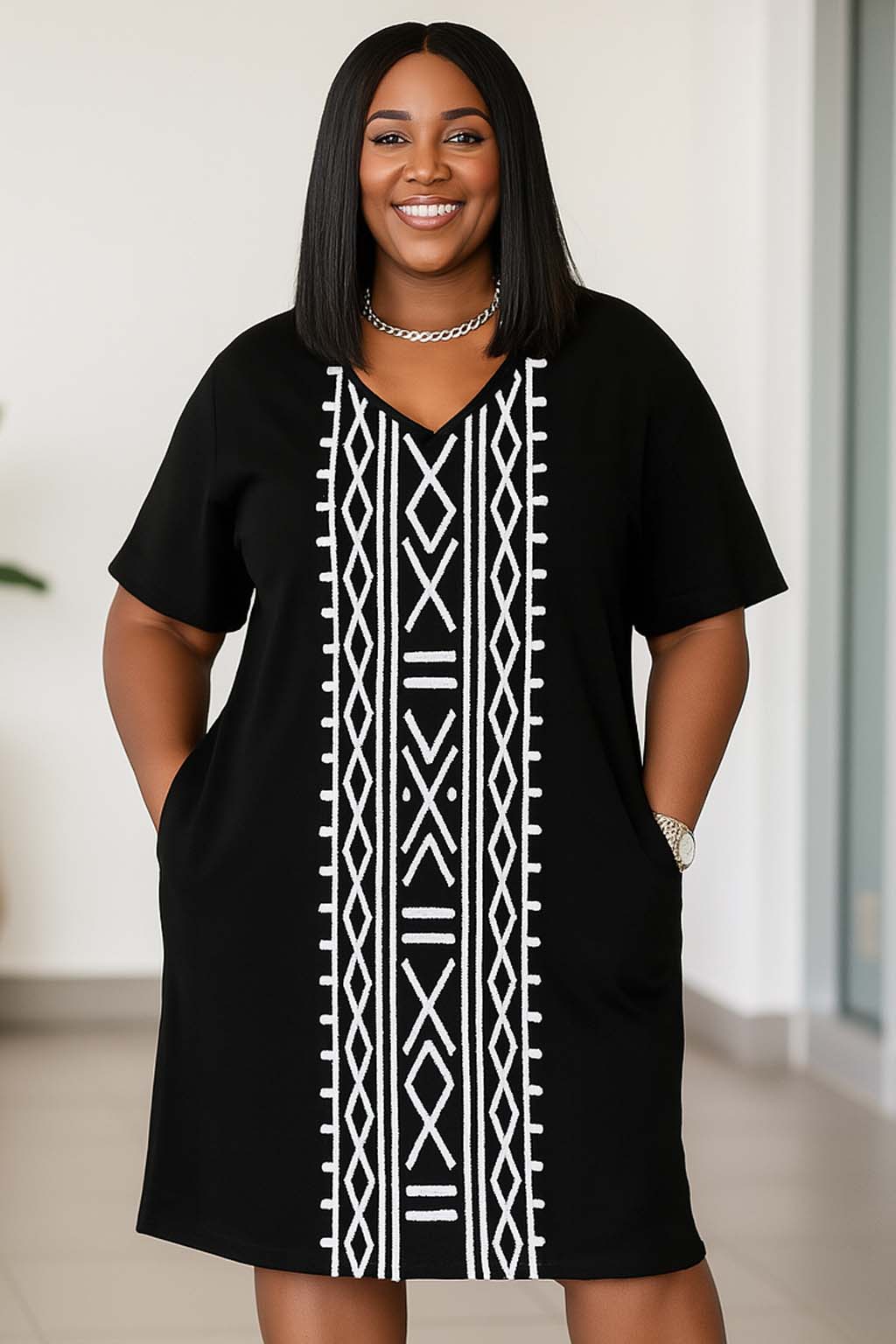 plus size dress with pockets and shorts Women's Plus Size Solid Color Short T-Shirt Dress with Pockets. Short Crewneck Two open front pockets Above the knee length hem Soft and stretchy fabric Imported -