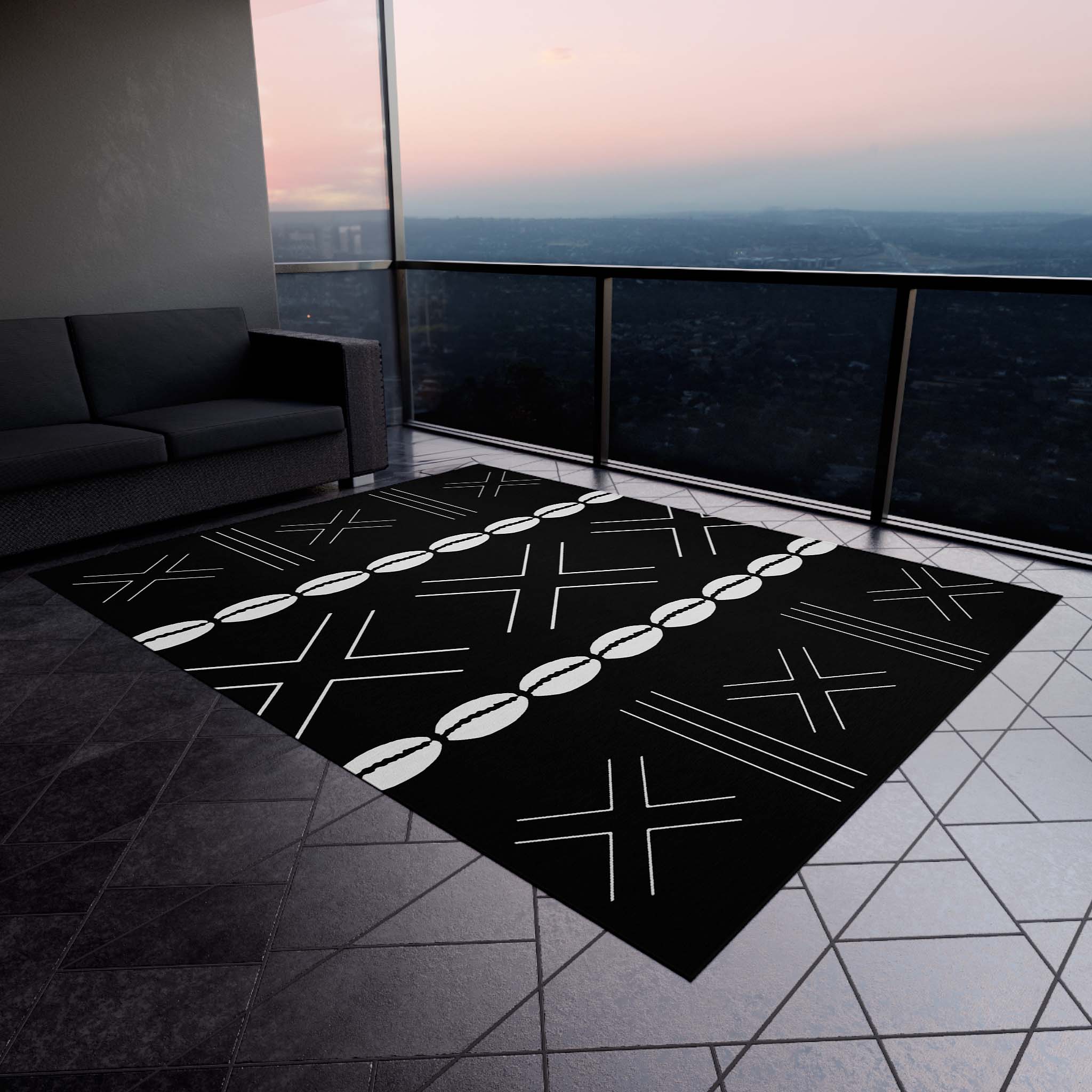 Black Colorful Rug Outdoor Carpet Cowrie Shell | Gardens