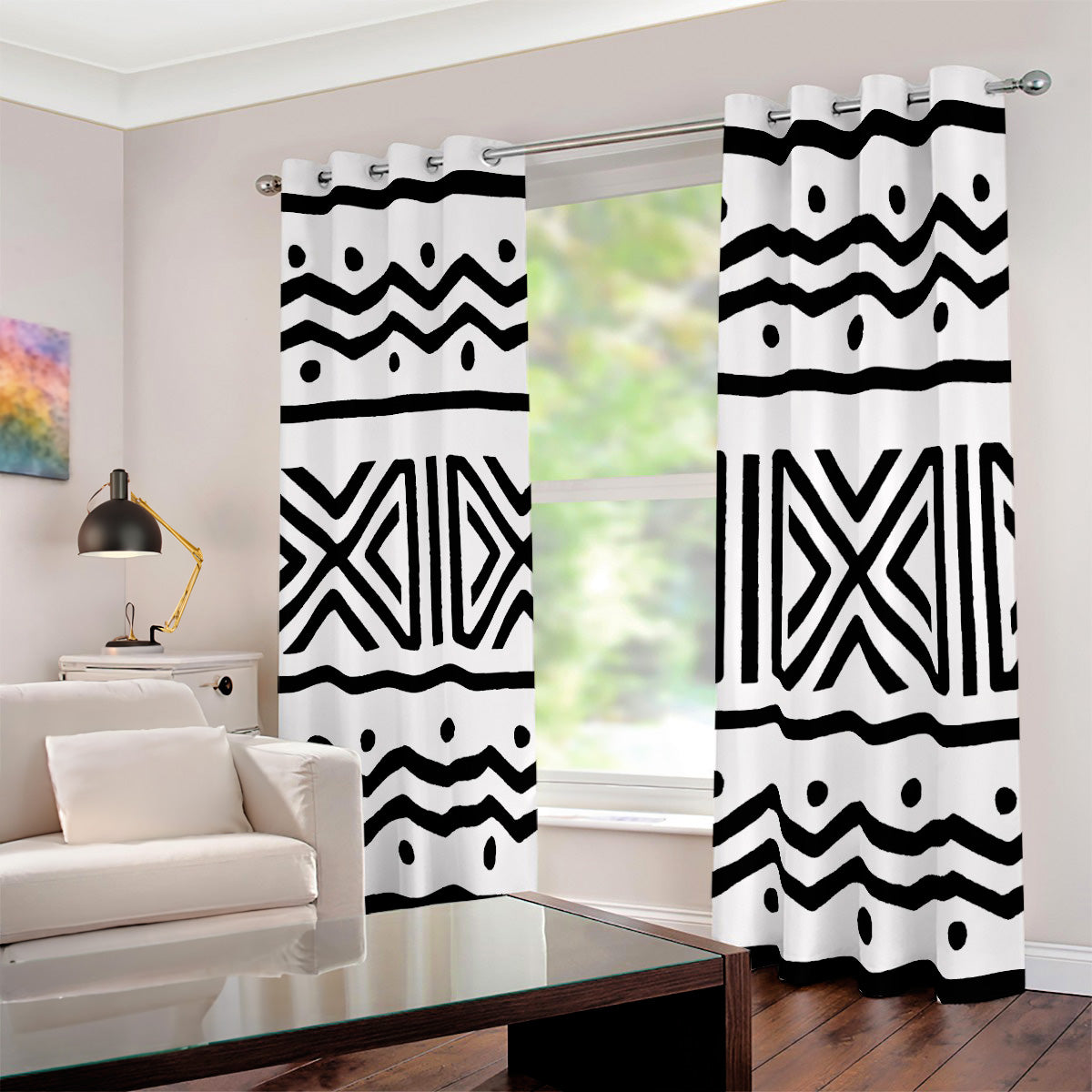 Mudcloth White Curtains with Black Stripe Eyelet (Two-Piece)
