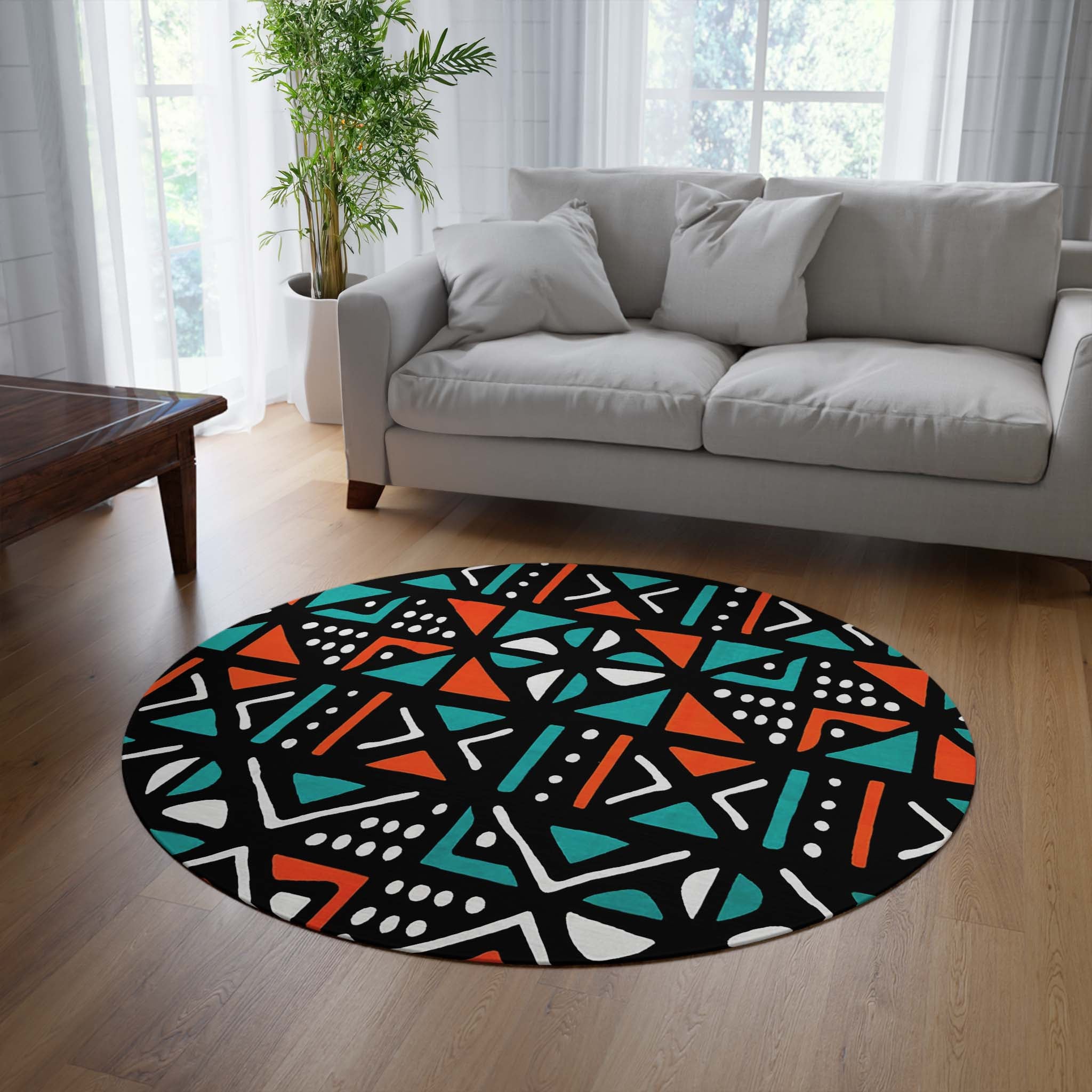 Colourful Round Rug African Carpet Design Mudcloth - Bynelo