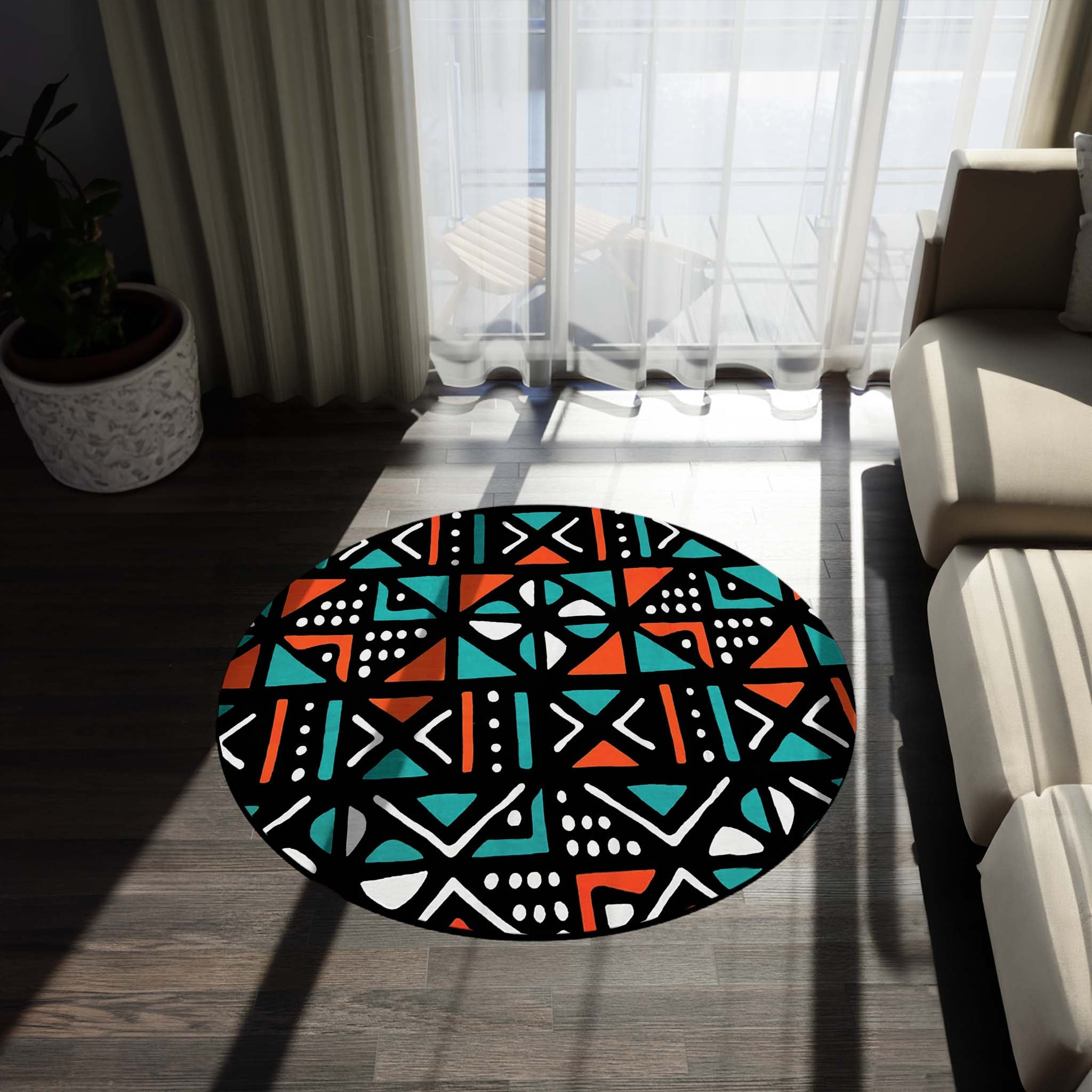 Colourful Round Rug African Carpet Design Mudcloth - Bynelo
