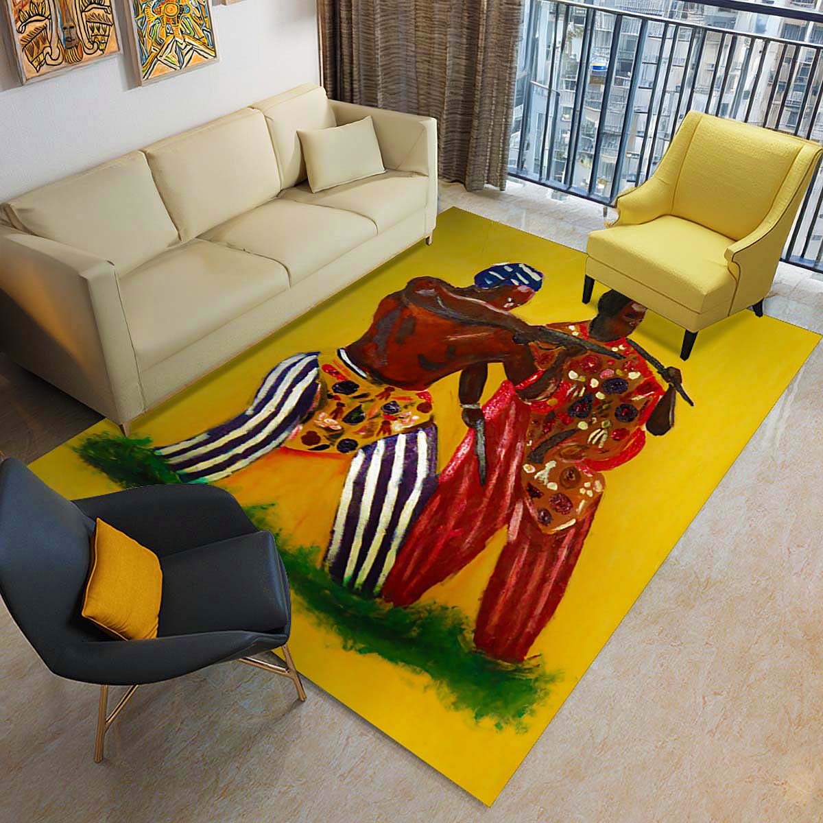 American Traditional Rug Two African Yoruba Male Hunters