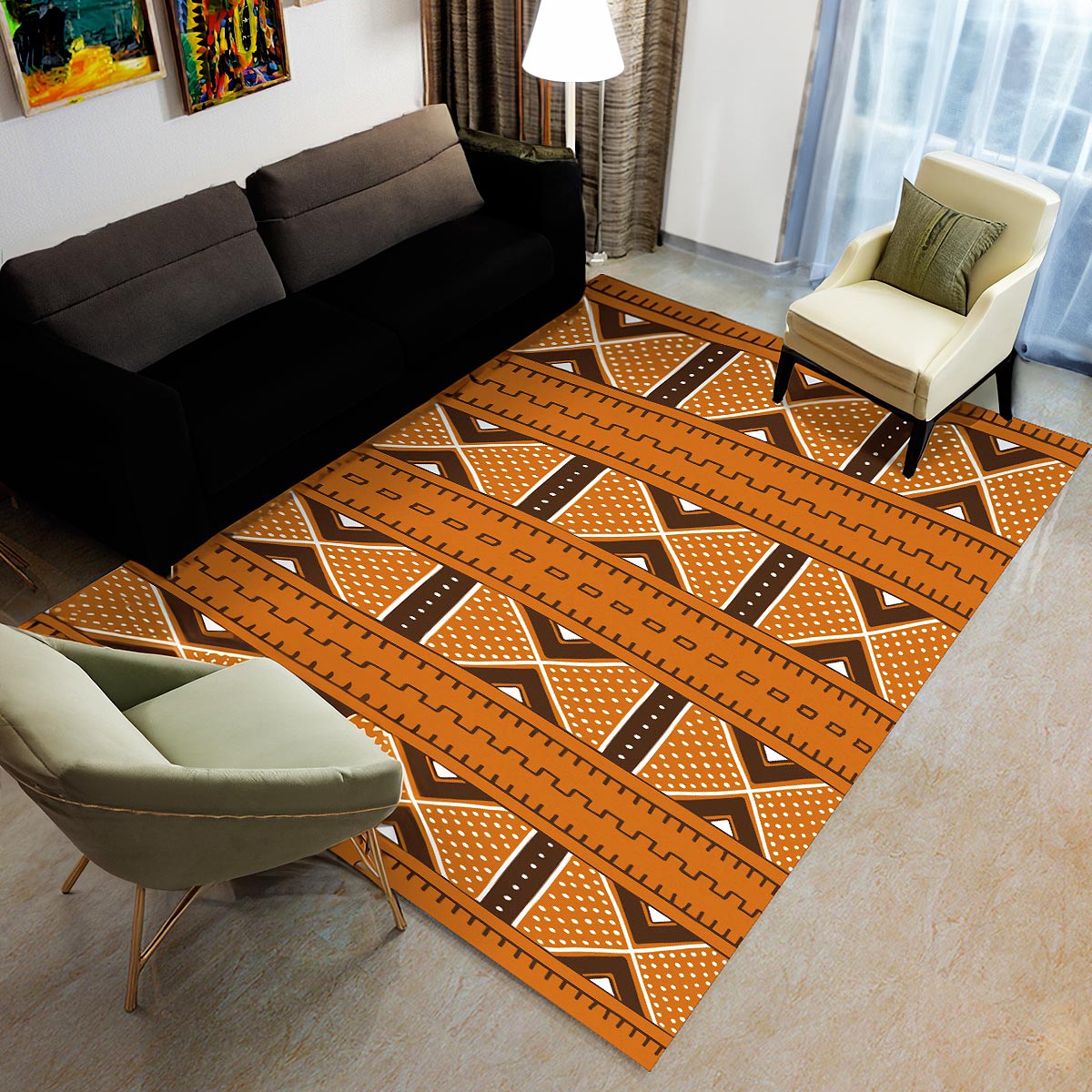 Orange Colorful Area Rug Nude Carpet Mud Cloth Print