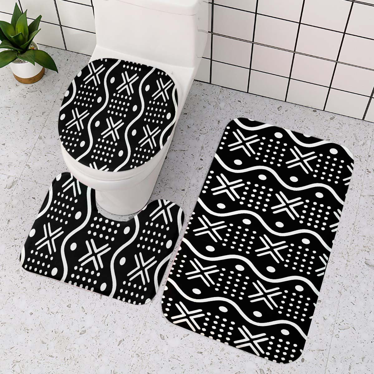 African Bathroom Sets Mudcloth Black and White - 3 Piece