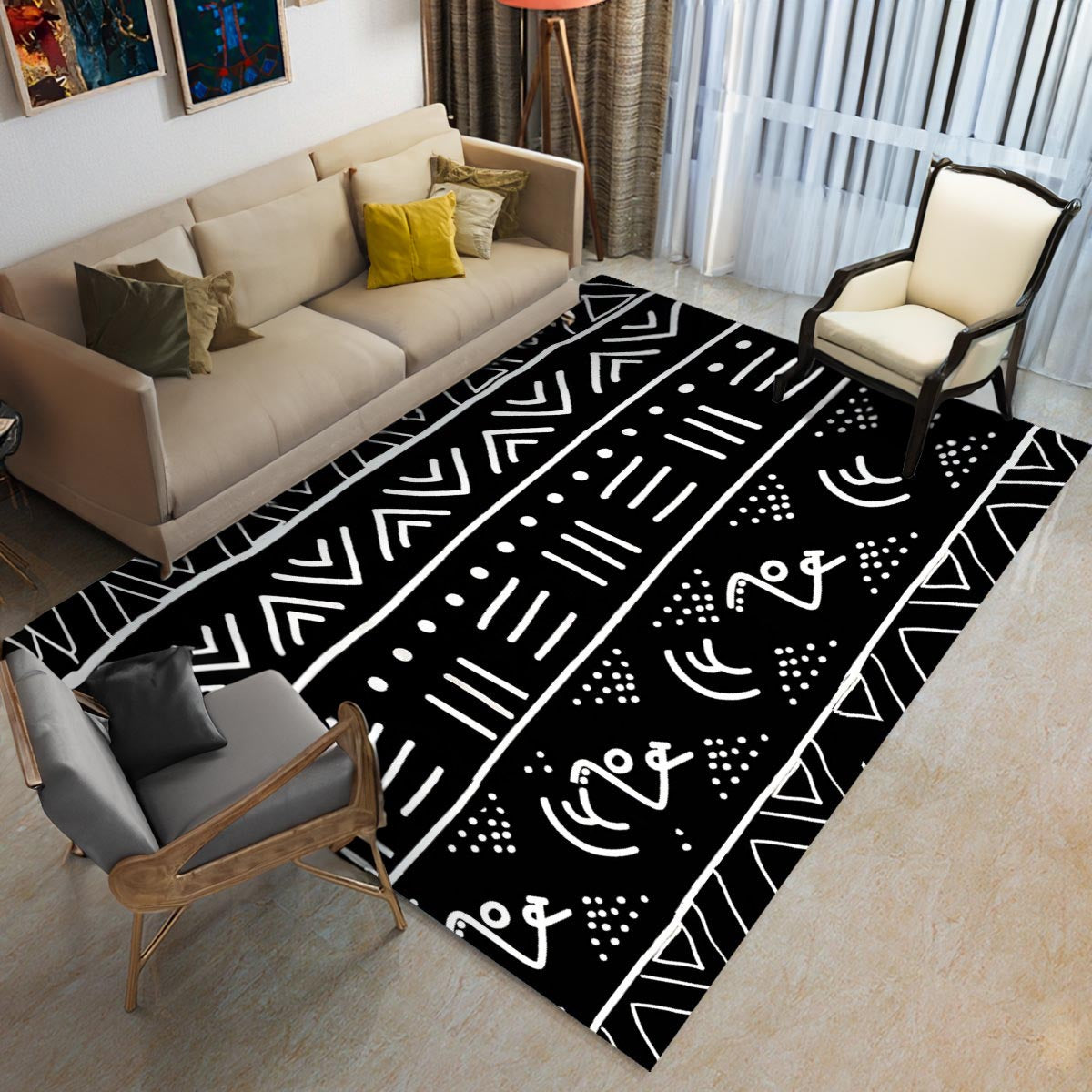 African Rugs for Living Room | Black White Carpet - Bynelo