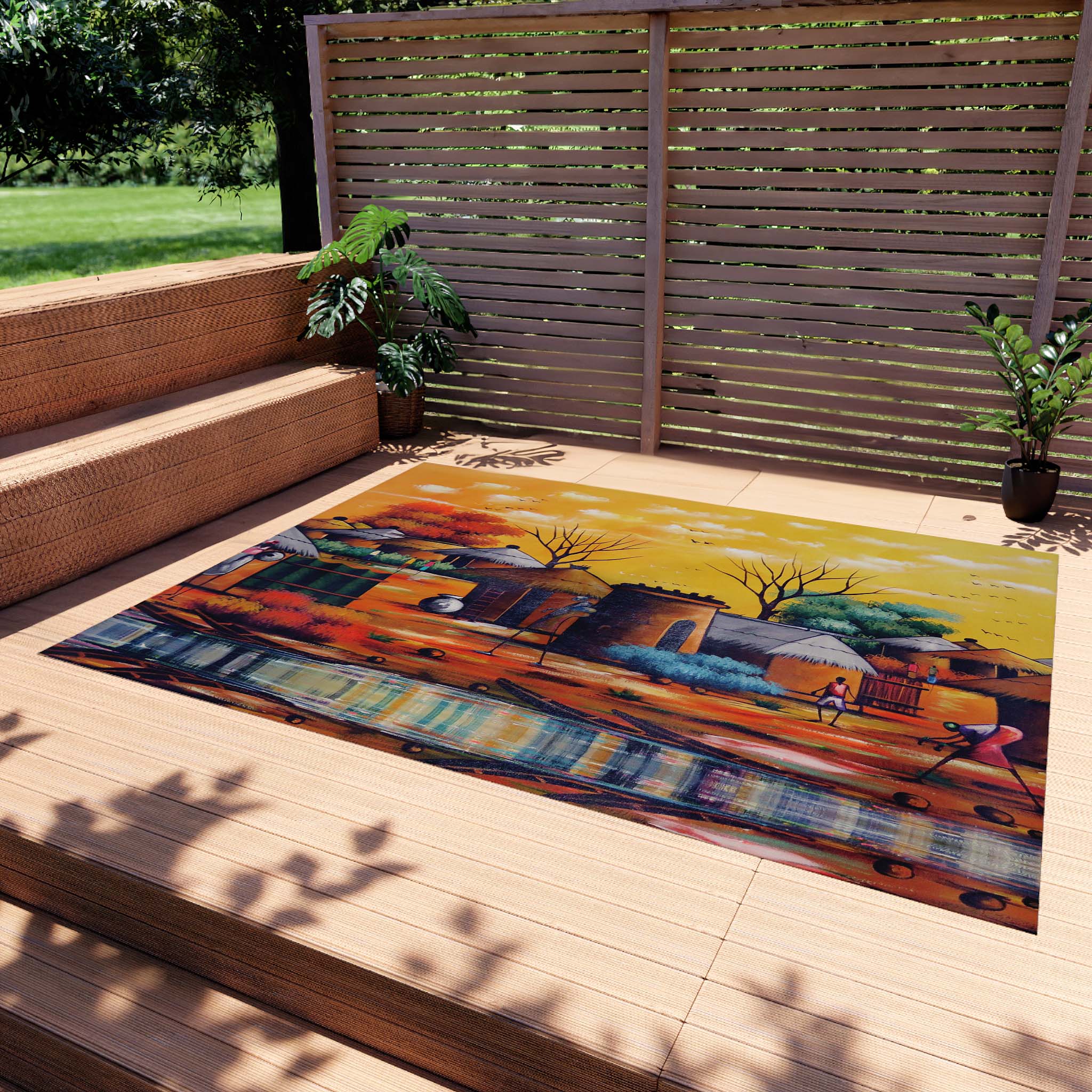 Nigerian Colorful Outdoor Rugs African Carpet Village Painting