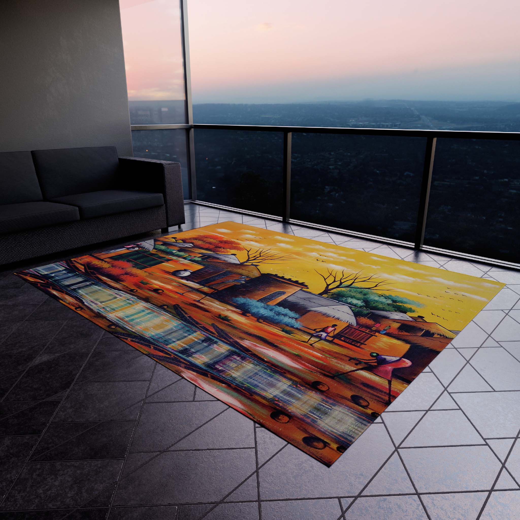 Nigerian Colorful Outdoor Rugs African Carpet Village Painting