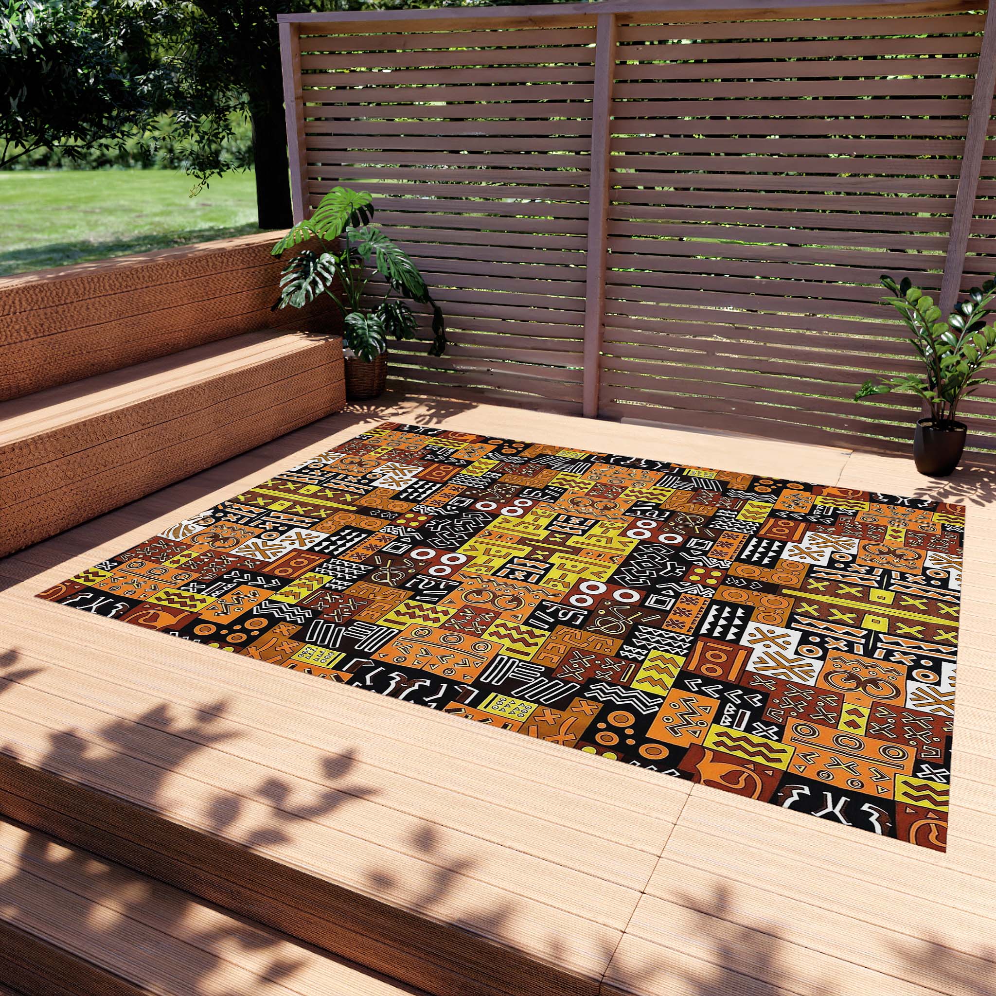 Orange and Black Outdoor Rug African Design Carpet | Elegant