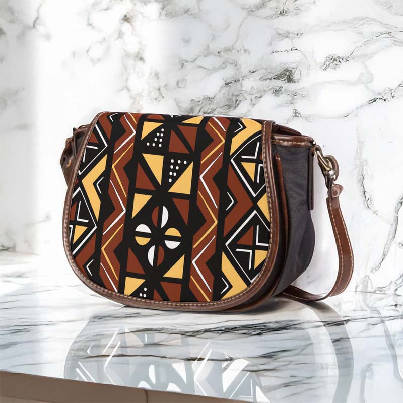 Mudcloth African Leather Bag Brown | Traditional Sadle Style