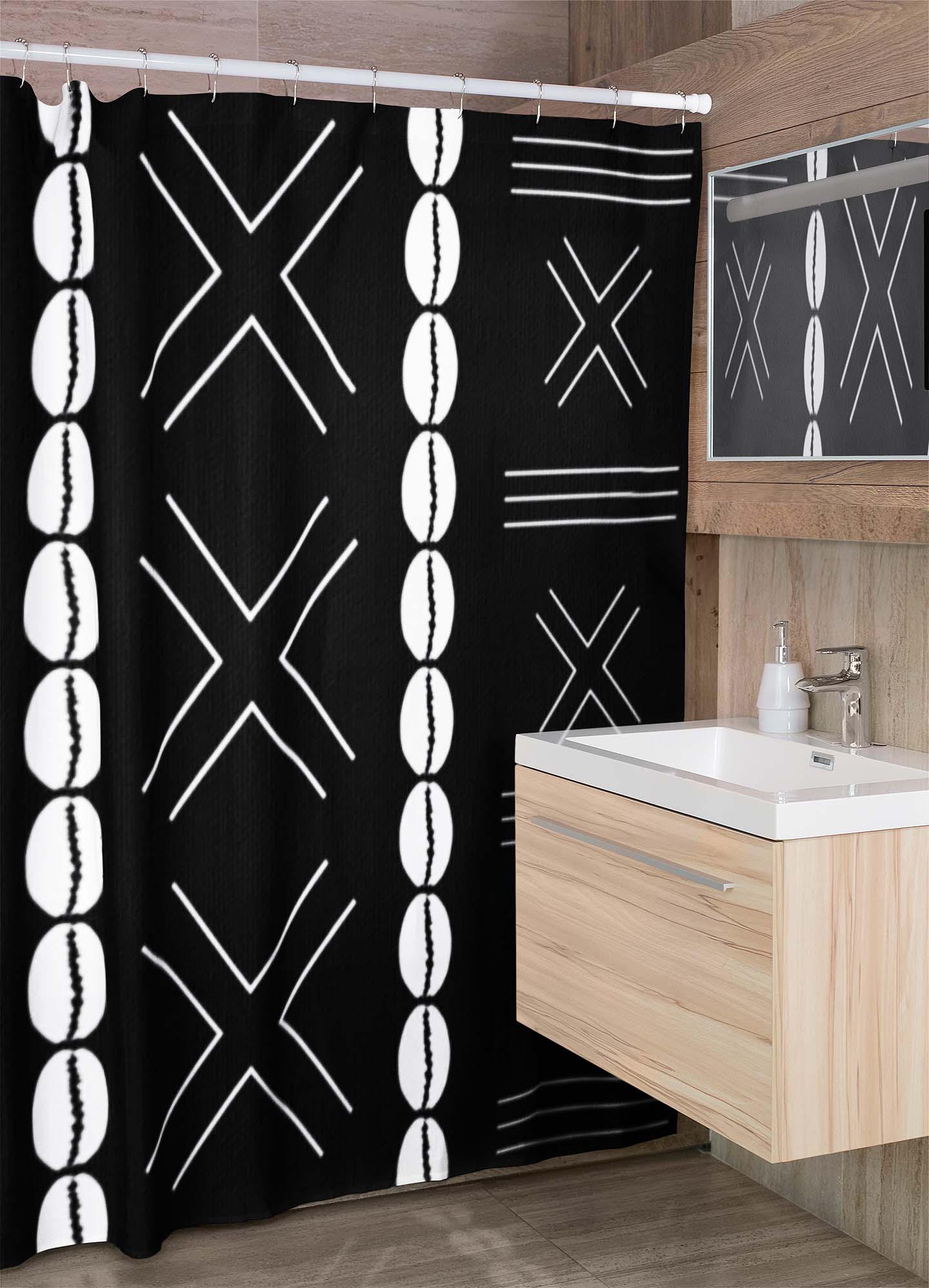 Black and White Tribal Shower Curtain African Cowrie Print