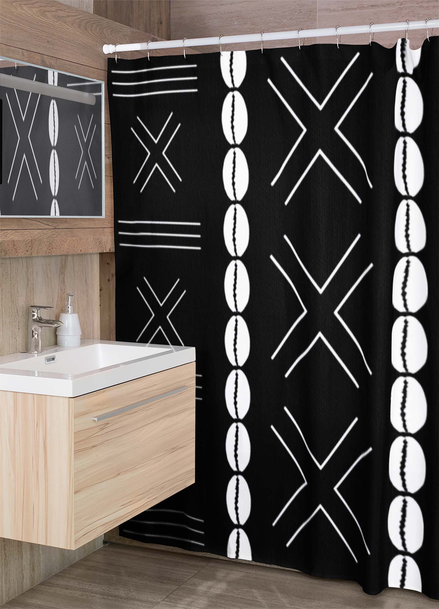 Black and White Tribal Shower Curtain African Cowrie Print