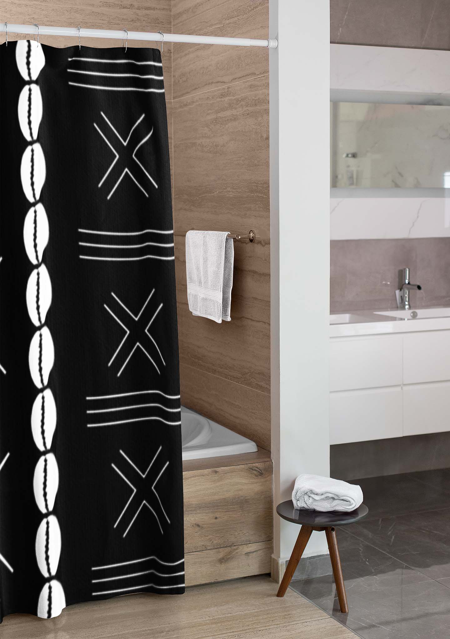 Black and White Tribal Shower Curtain African Cowrie Print