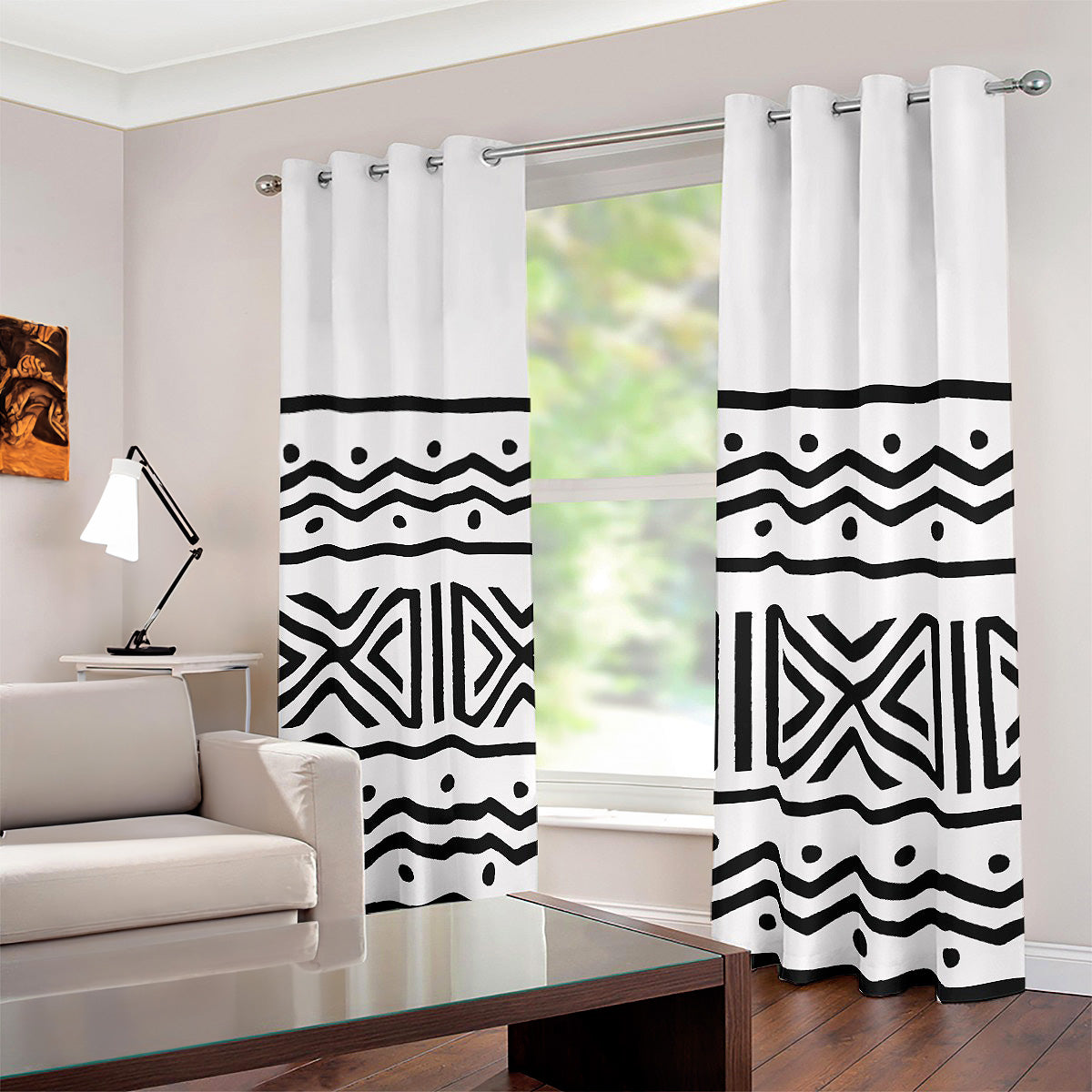 Mudcloth White Curtains with Black Stripe Eyelet (Two-Piece)