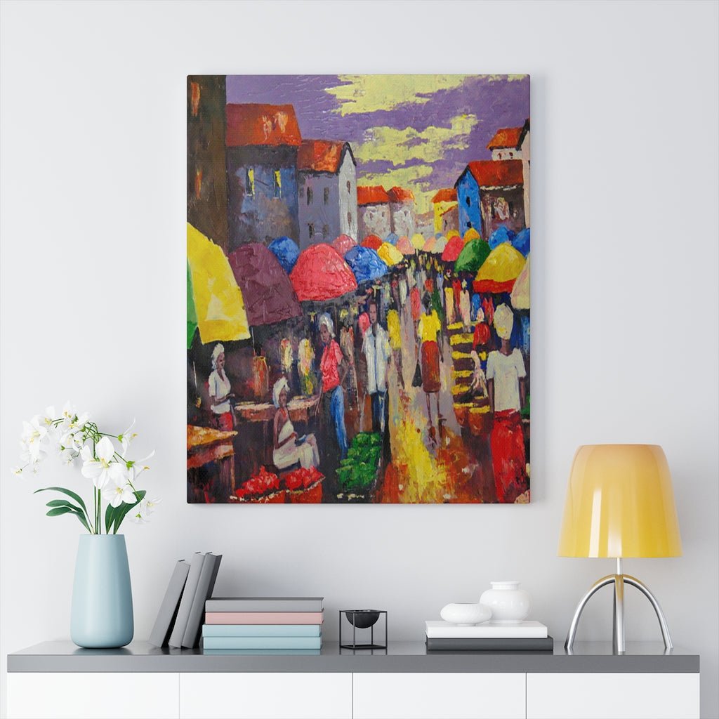 Traditional Wall Art Canvas Painting of an African Market