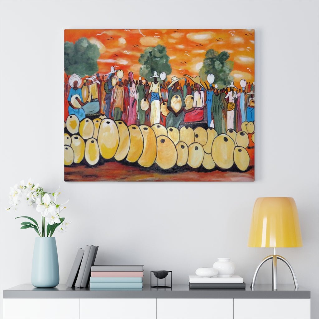 Tribal African Wall Art Canvas Painting of a Local Market