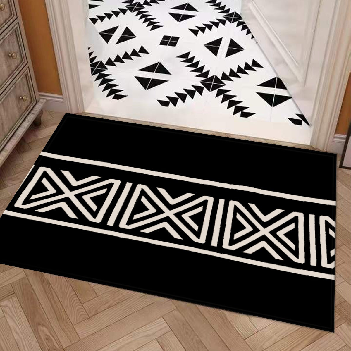 African Bathroom Mat Black & White Tribal Print Rug