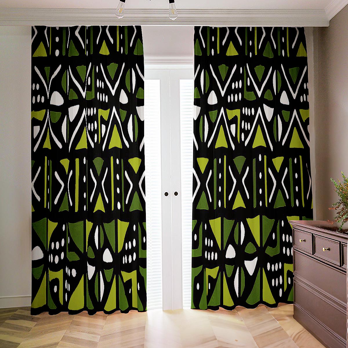 Green African Blackout Curtain Mudcloth (Two-Piece) - Bynelo