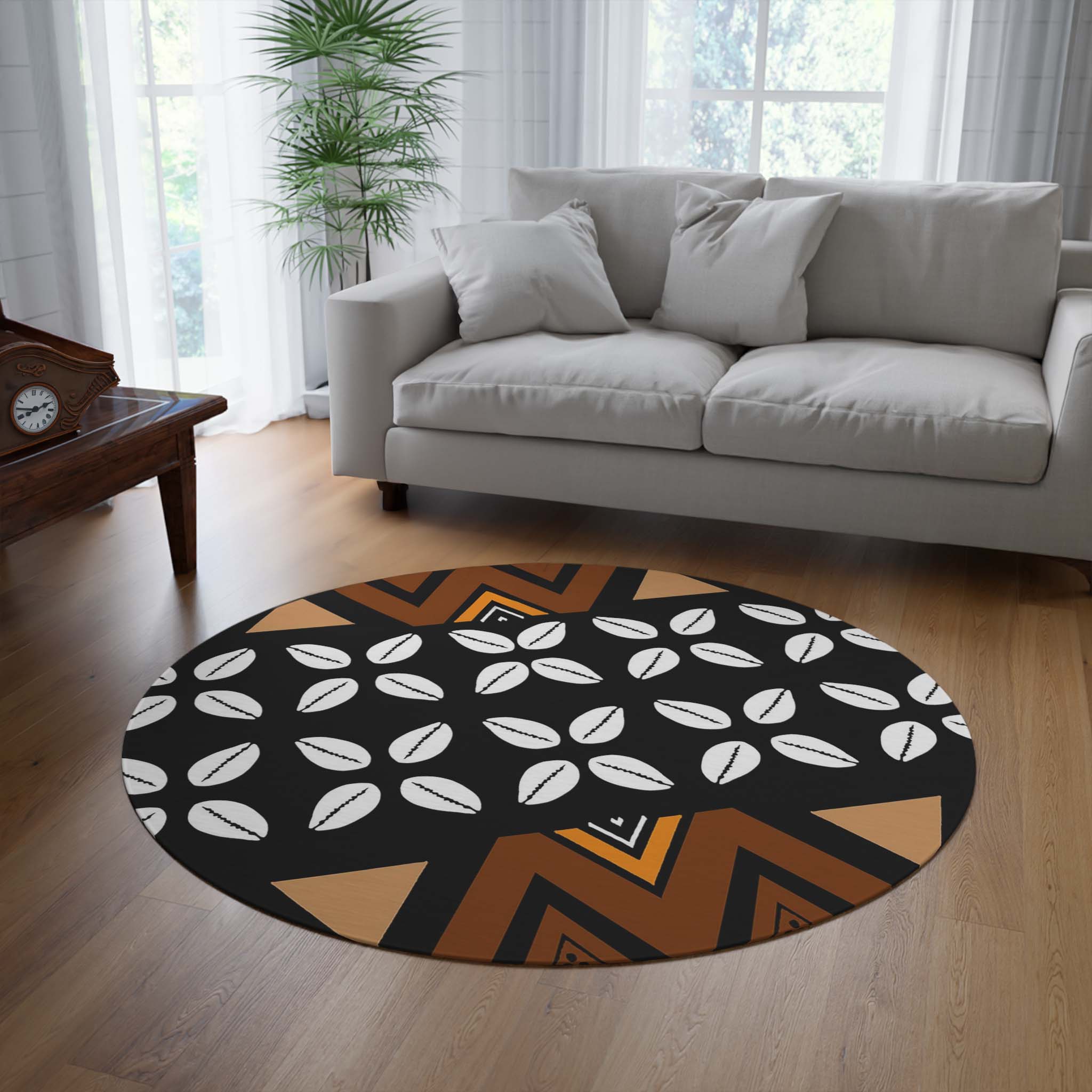 Round African Rug Tribal Cowrie Print Carpet - Bynelo