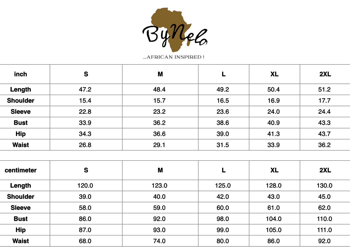 African Traditional Dress | Turtle Neck Dashiki Print size chart