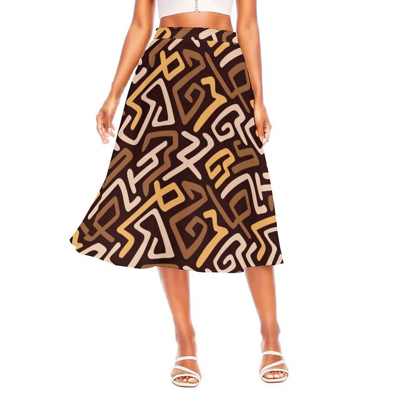 African High Waist Skirt | Kuba Print Midi Length Flared