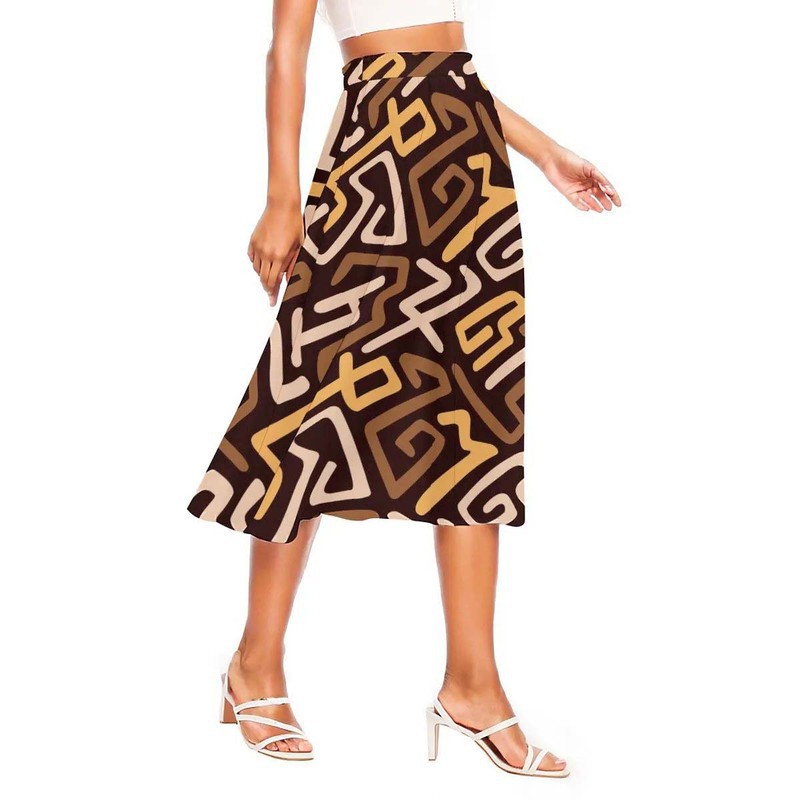 African High Waist Skirt | Kuba Print Midi Length Flared