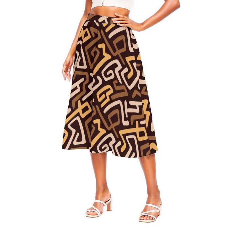 African High Waist Skirt | Kuba Print Midi Length Flared