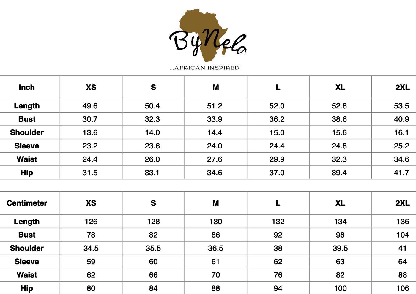 African_Jumpsuits_For_Ladies_Cowrie_Long-sleeve_High-neck_size_chart