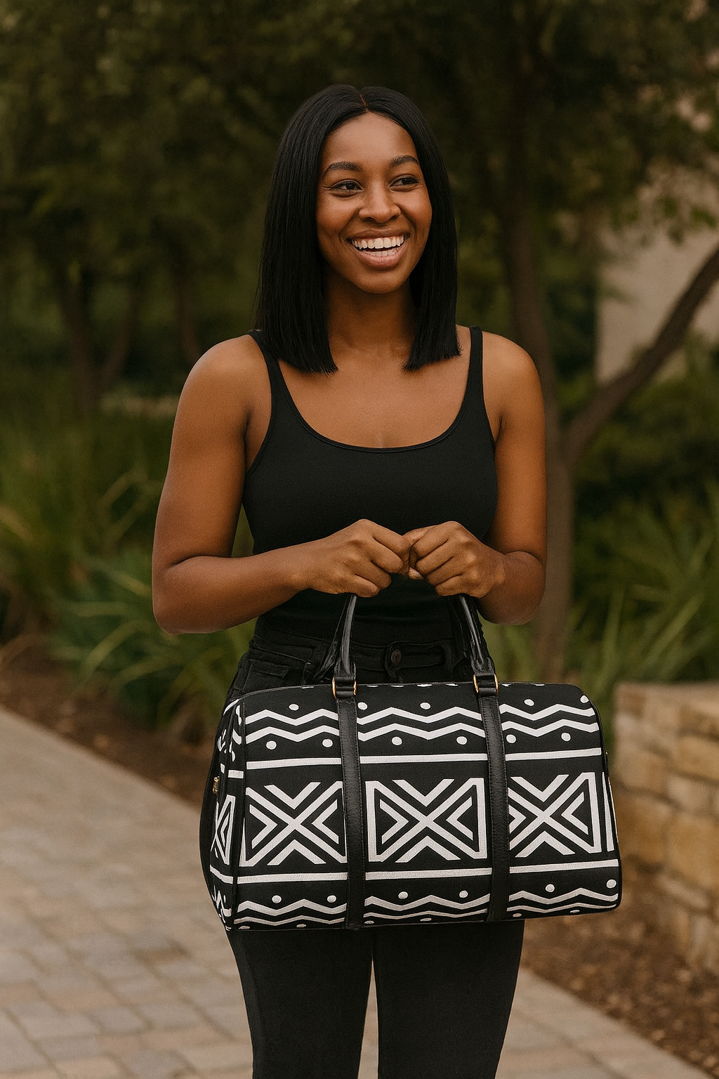 African Leather Bag for Travel Mud Cloth Zigzag Black & White