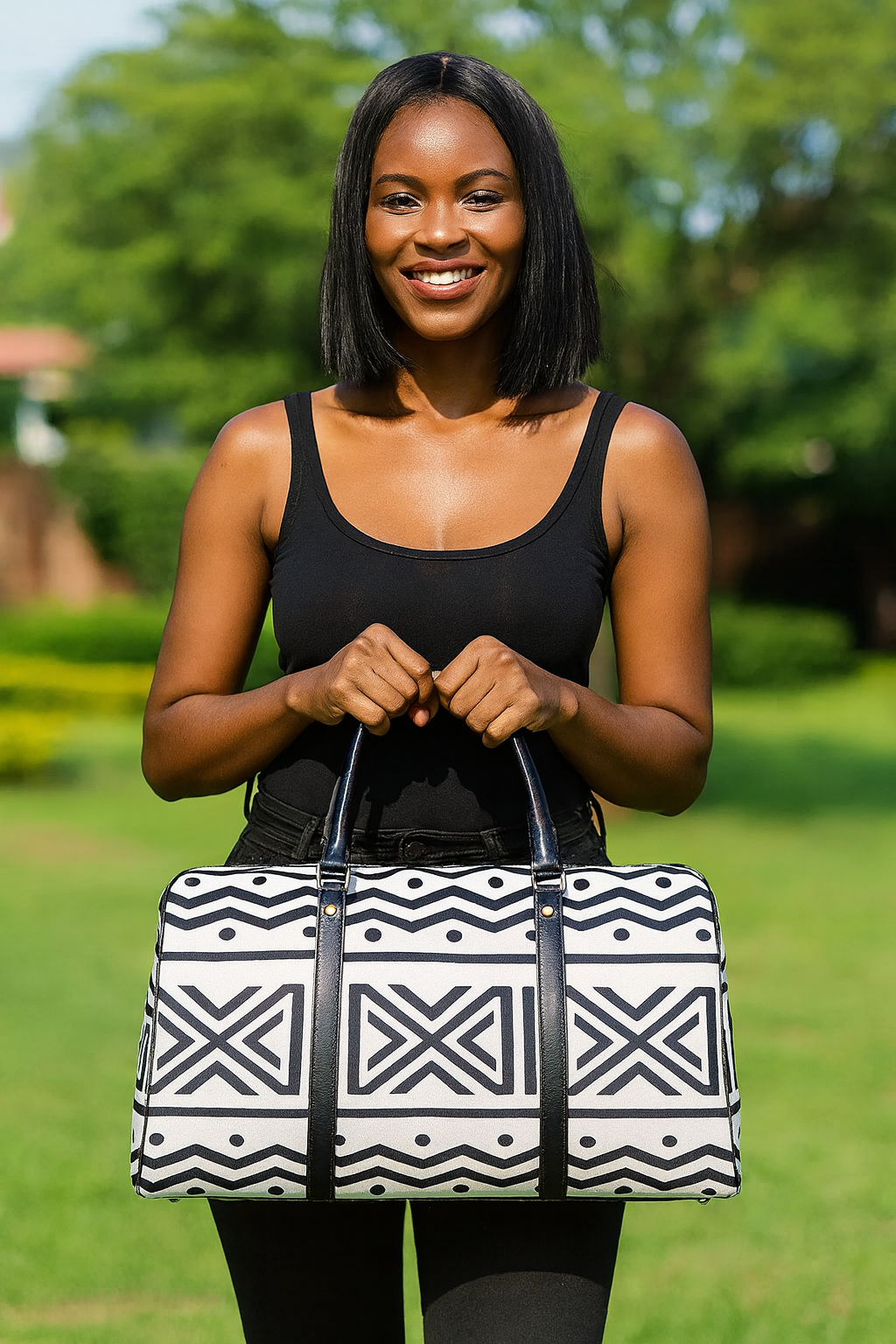 African Leather Bag for Travel Mud Cloth Zigzag White & Black