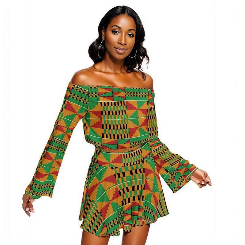 African Off Shoulder Kente Women's Clothing - Two Piece Set