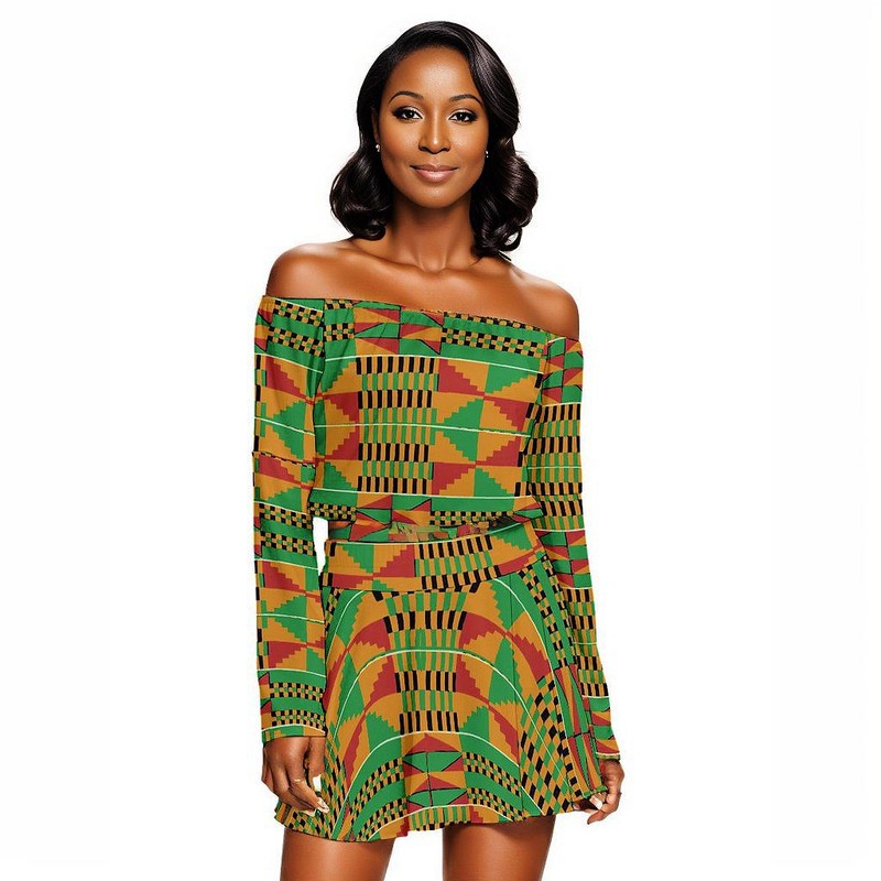 African Off Shoulder Kente Women's Clothing - Two Piece Set