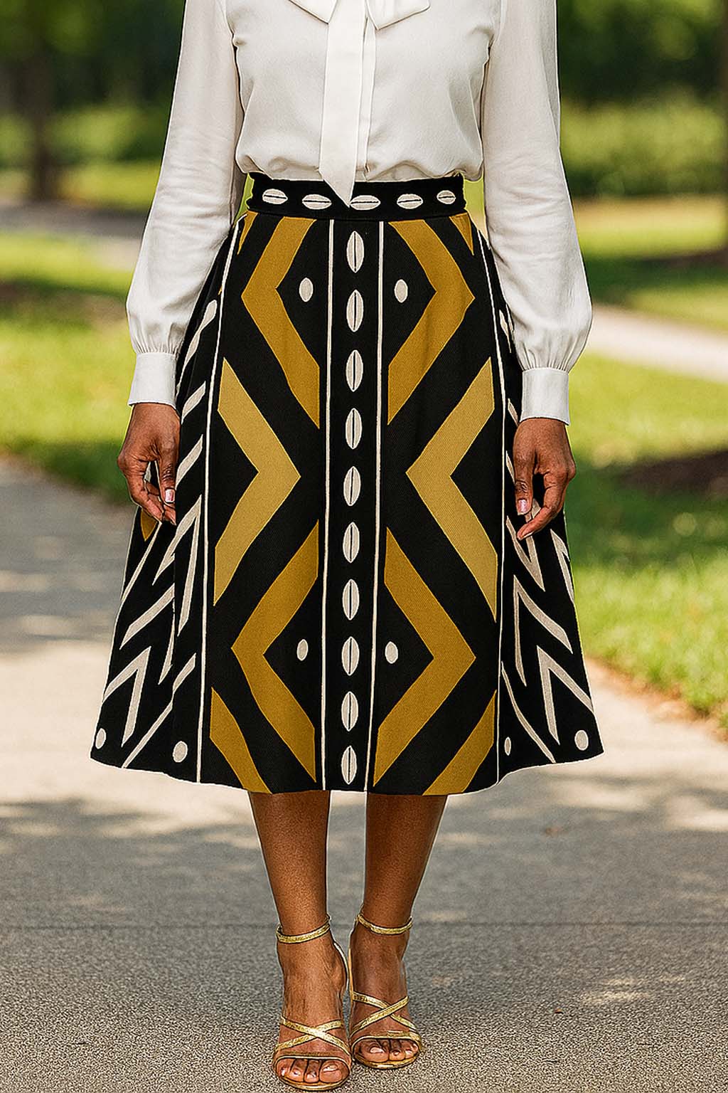African Print Midi Flare Skirt | Cowrie Zigzag Tribal Style