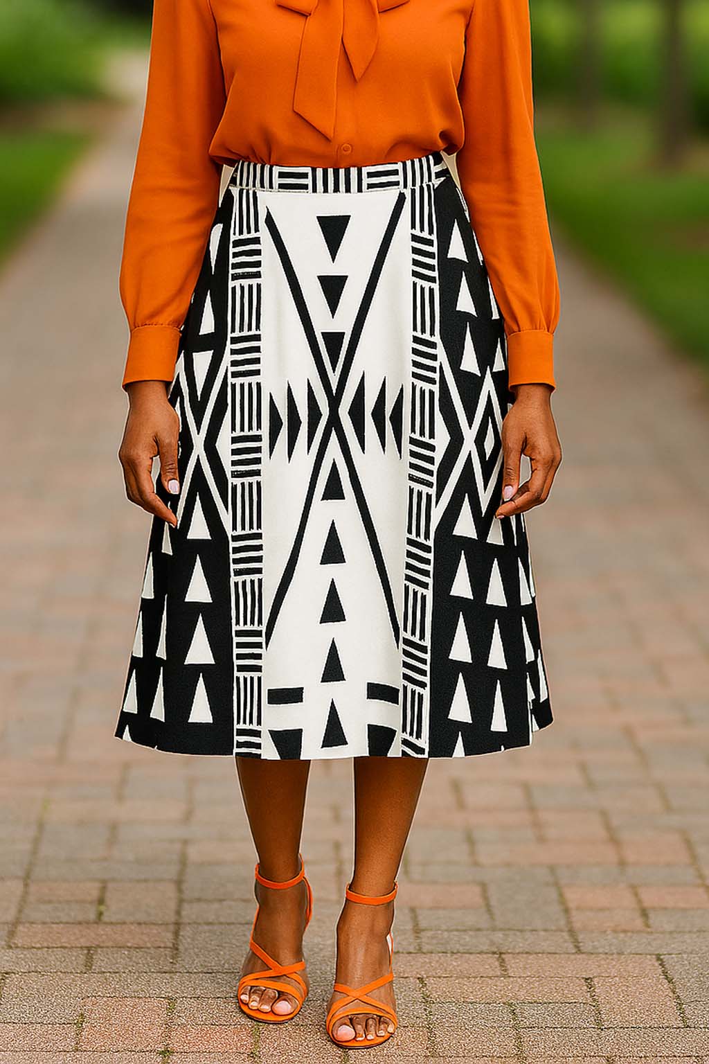 African Print Tribal Skirt | Midi Length White & Black