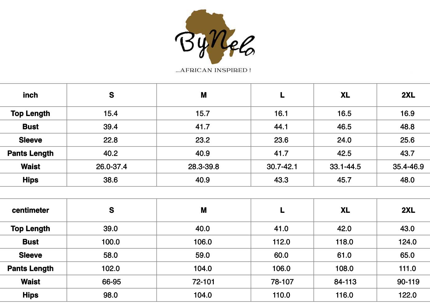 African Print Two Piece Pants Set | Mudcloth Print Brown size chart