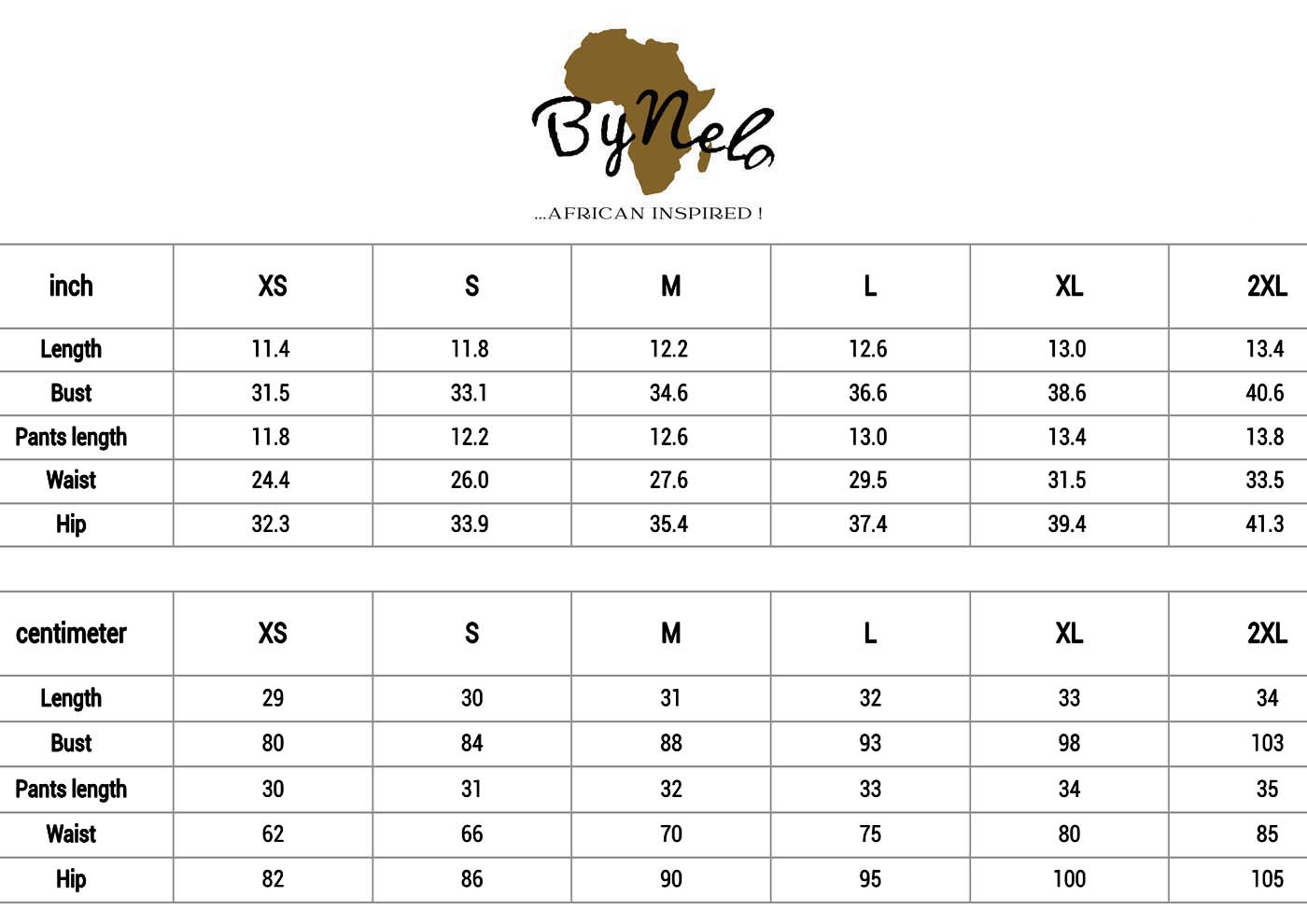African_Print_Two_Piece_Short_Set_Mudcloth_Print_size_chart