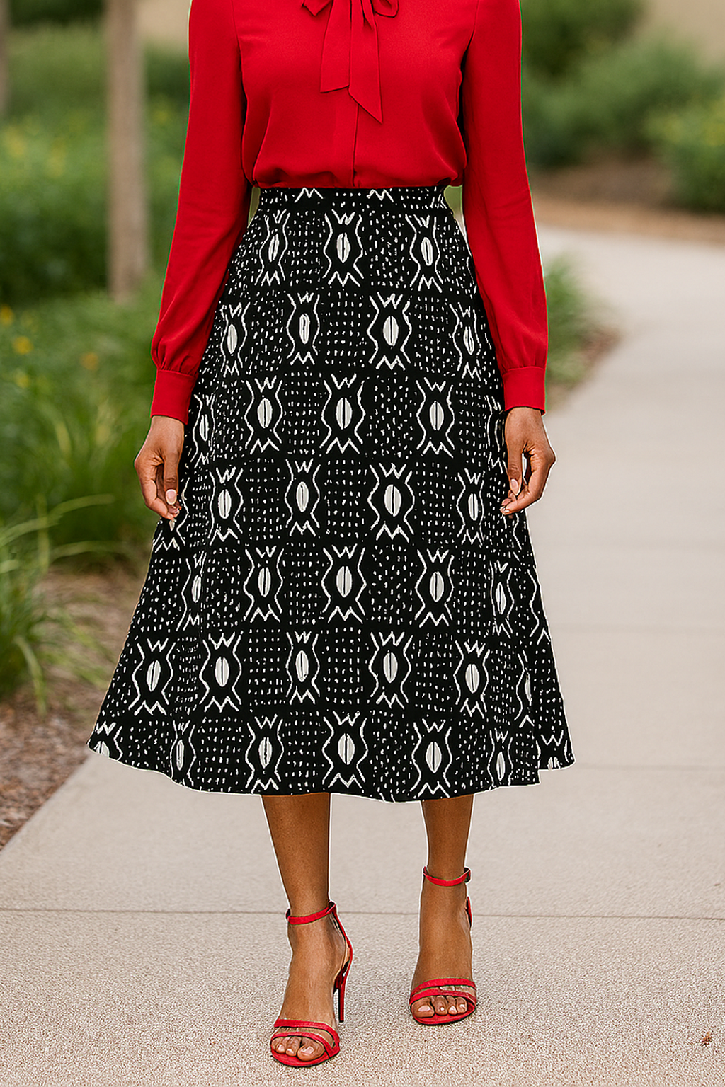 African Skirt Flared Black and White Cowrie Shell Print