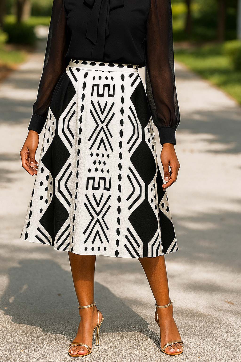 African Skirt Flared | Midi Length | Cowrie White and Black
