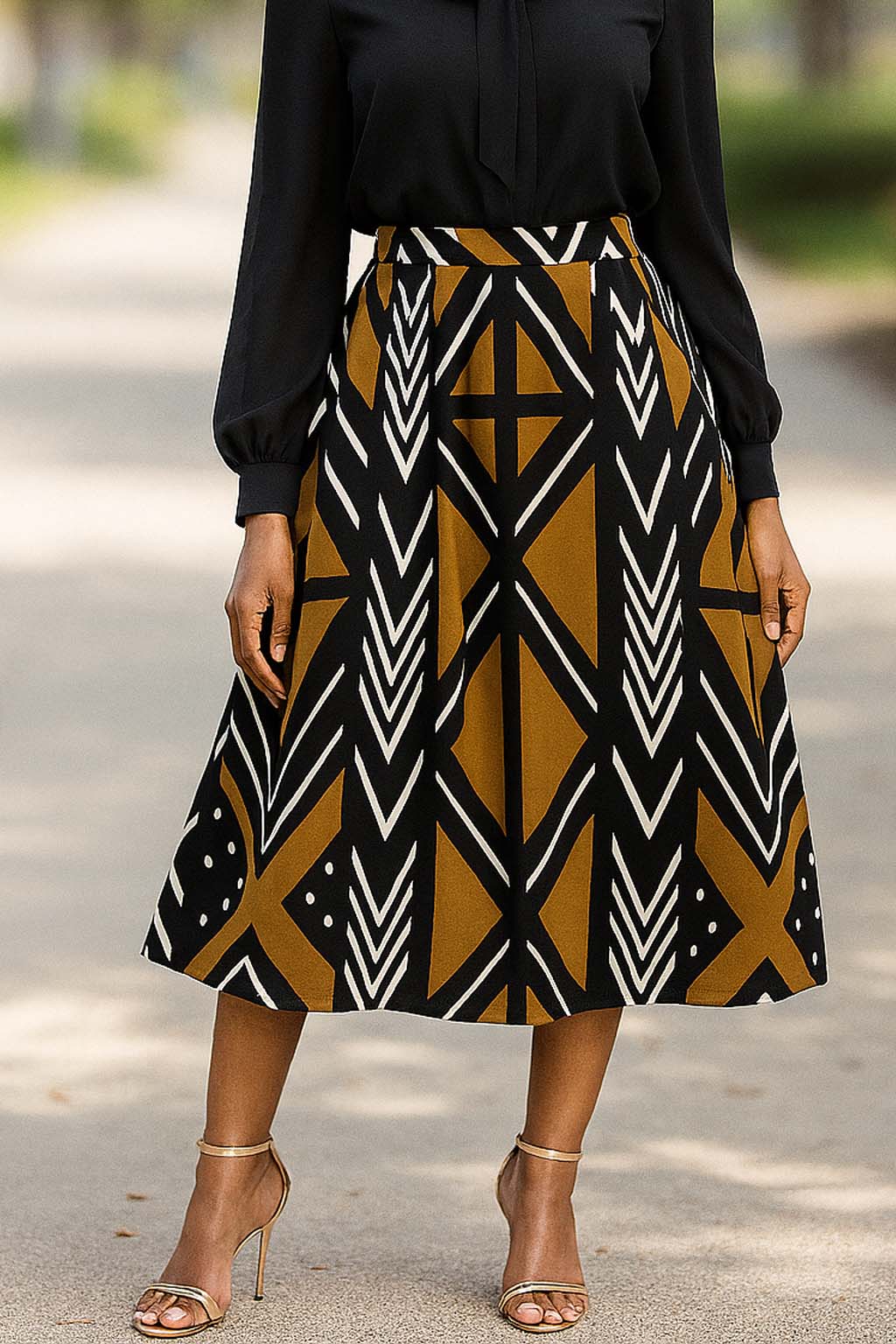 African Skirt Geometric Zigzag Batik Print Midi Length